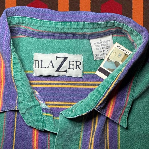 RARE VTG 80s 90s BlaZer Oversized Men’s Green Striped Button Down Shirt — LARGE - Picture 2 of 6
